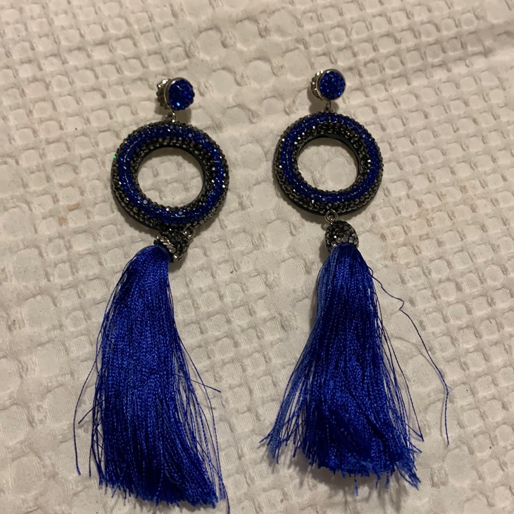 Henri Bendel Rhinestone Circle and Fringe Earrings.